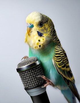 Budgerigar Chirping into a Studio Microphone &ndash; A Charming Bird in Action
