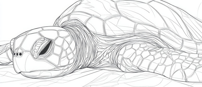 Sea turtle line art: detailed shell and head, resting pose
