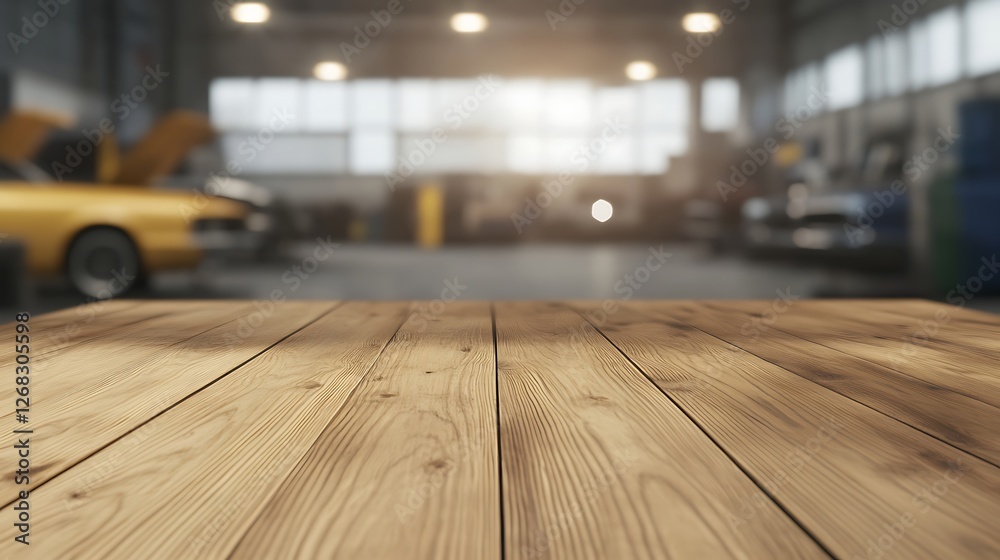 Poster a high-resolution image of a wooden workshop table, sharply focused with soft lighting.