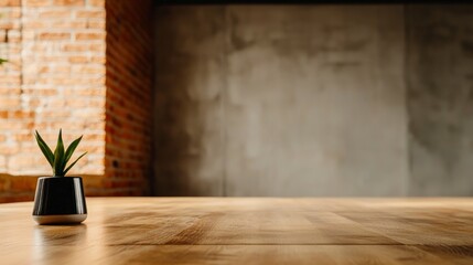 Minimalist Interior  Wooden Table  Brick Wall  Plant