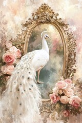 A white peacock is standing in front of a gold frame with pink roses