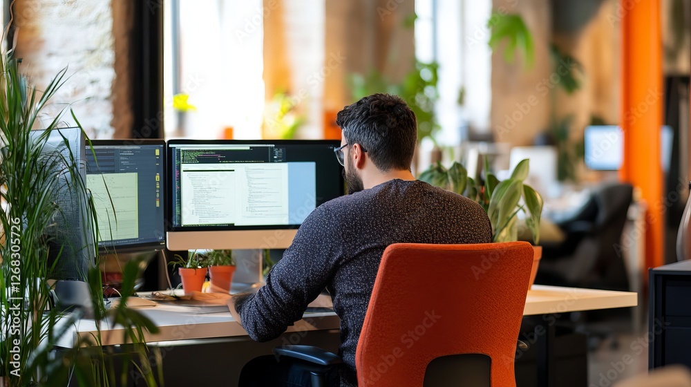 Poster modern office worker focused on computer screen plants background cozy workspace programmer coding s