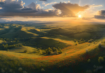 Golden Hour Panorama: A breathtaking landscape unfolds as the sun bathes rolling hills and valleys in a warm, golden light, accented by a vibrant sky filled with dramatic clouds.
