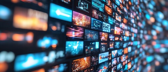 Global network connections with media content floating around, showcasing interconnected digital platforms, seamless data flow, and vibrant multimedia elements