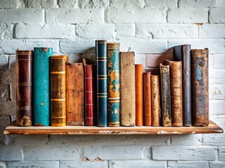 Naklejka premium Urban Exploration: Books on White Shelf - Grungy Industrial Aesthetic Stock Photo