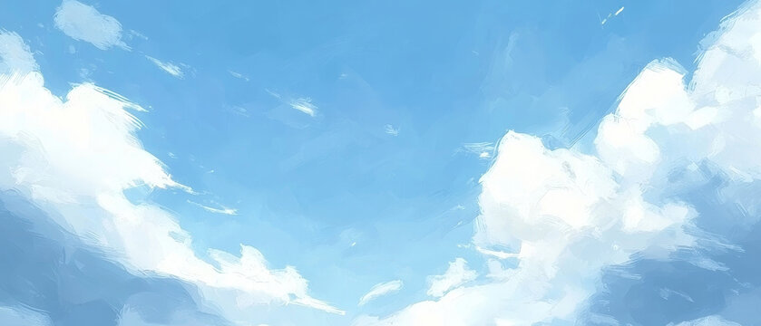 Painted sky:  Soft blue hues, brushstrokes depict fluffy white clouds