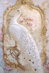 A white peacock is perched on a branch in front of a gold frame