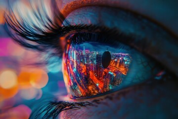 An artistic macro shot of a human eye reflecting a colorful cityscape, blending realism with abstraction