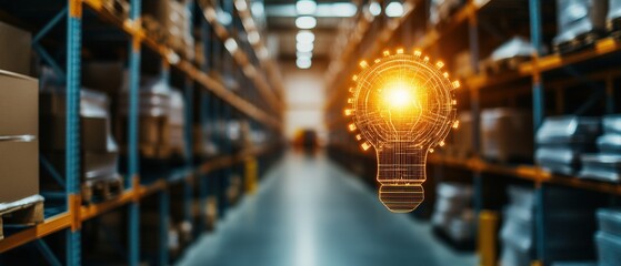 Light bulb in a warehouse with augmented reality smart warehouse management system concept