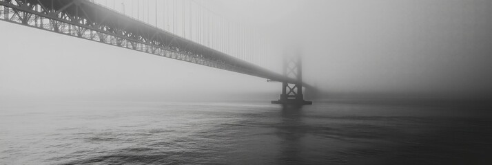 Fototapeta premium The bridge across the sea, the first half of the bridge is clearly visible, and the second half is hidden in the fog.