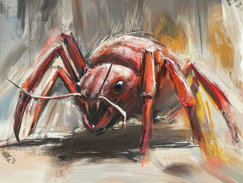 Impasto painting of a large, red, ant-like creature