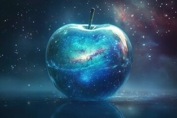 An ethereal apple floating in space, with a cosmic landscape of stars and galaxies visible inside.