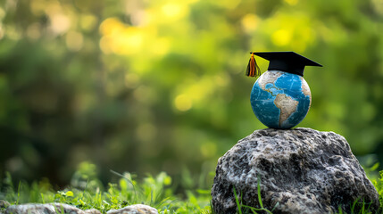 Global Education: A miniature globe wearing a graduation cap rests atop a rugged stone amidst a verdant, sun-dappled outdoor scene, symbolizing the pursuit of knowledge and global learning.
