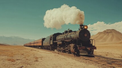 Obraz premium Steam train journey, desert landscape, mountains background, travel poster