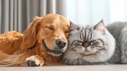 Golden Retriever and Persian Cat Cuddle  Pets  Animals  Friendship  Home