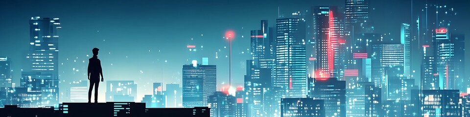 Obraz premium Silhouette Man Gazing at Futuristic Cityscape at Night