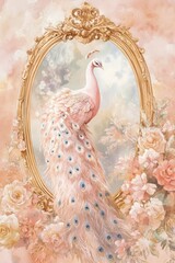 A beautiful painting of a white peacock with blue and gold feathers