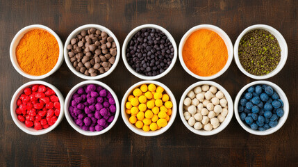 A vibrant array of colorful spices and ingredients in bowls, showcasing a rich diversity of textures and hues on a rustic wooden surface.