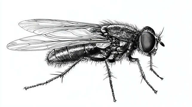 Detailed pen-and-ink drawing of a fly, showcasing its intricate wings and body
