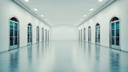 Fototapeta premium Minimalist White Hallway Interior Design Empty Room with Doors and Reflective Floor