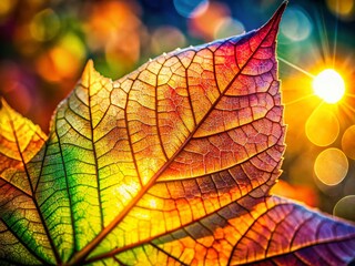 Obraz premium Vibrant Autumn Leaf Close-up with Sunlit Veins and Bokeh Background - Nature Photography Stock Photo