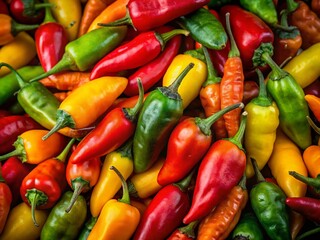 Vibrant Bird's Eye Chili Peppers Close-Up: Red, Green, Orange & Yellow Spicy Chilis