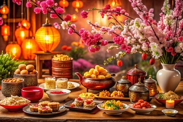 Fototapeta premium Vibrant Chinese New Year Feast with Spring Blossoms and Festive Decorations