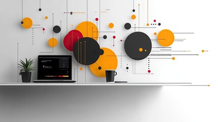 Obraz premium Modern workspace featuring a laptop on a shelf with abstract wall art and a plant, creating a vibrant atmosphere