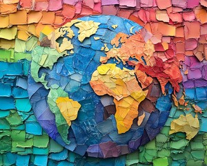 Ecofriendly school project featuring a paper globe collage, representing sustainability, humanity, and global unity with vibrant colors and textures