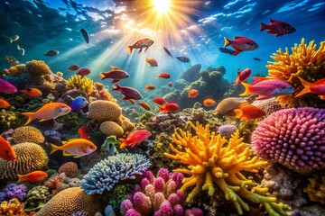 Obraz premium Vibrant Coral Reef Ecosystem: Underwater Paradise of Colorful Fish and Coral