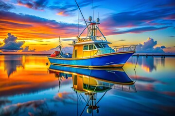 Vibrant Custom Fishing Boat at Dusk - Calm Water, Colorful Hull, Fishing Rods