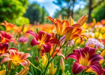 Vibrant Daylilies in Full Bloom on Sunny Flowerbed