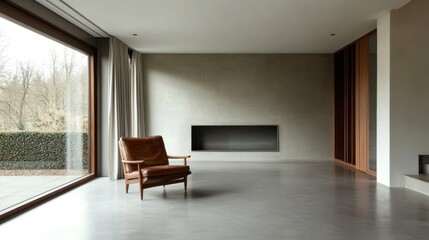 Fototapeta premium Modern living room, armchair, large window, garden view, minimalist design, interior design