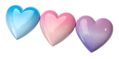 Three 3D Hearts with Soft Pastel Gradients for Romantic Themes, PNG Transparent