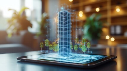Tablet displaying architectural model of a high rise building with blueprints and design plans on the screen