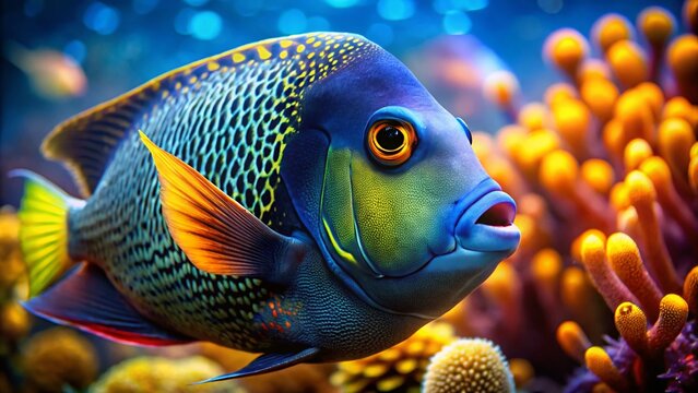 Vibrant French Angelfish Face Close-Up in Tropical Coral Reef Landscape