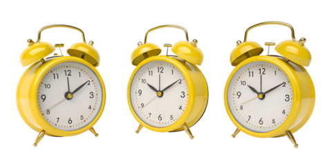 Set of 3D Yellow Alarm Clock Illustrations in Different Angles, PNG Transparent