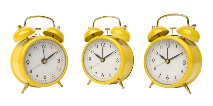 Set of 3D Yellow Alarm Clock Illustrations in Different Angles, PNG Transparent