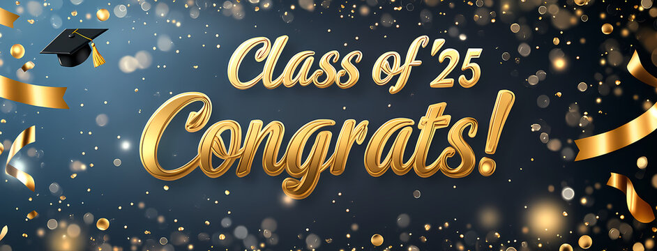 Graduation Banner: Celebrating the Class of '25 with golden confetti and elegant typography, perfect for conveying congratulations and marking a significant life event.