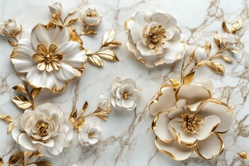 Beautiful 3D wallpaper featuring gold and white flower sculptures elegantly arranged on a polished white marble surface.