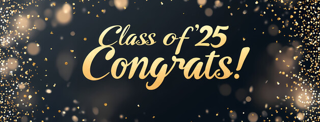 Graduation Announcement with Glitter: A celebratory banner proclaiming "Class of '25 Congrats!" is adorned with elegant gold lettering and sparkling glitter.