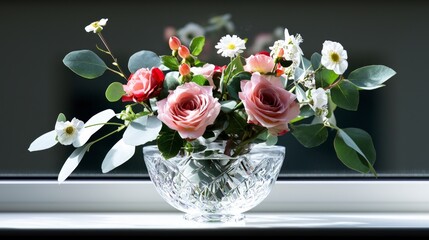Obraz premium Elegant Pink Red Rose Bouquet in Crystal Vase Floral Arrangement Home Decor