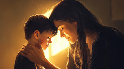 A deeply emotional and intimate moment of a caring mother comforting her young child with affection and warmth

