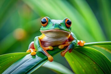 Fototapeta premium Vibrant Green Tree Frog on Lush Plant - Wildlife Stock Photo