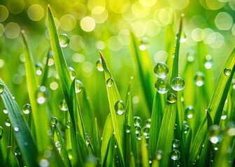 Vibrant Green Spring Grass with Raindrops - Close Up Nature Stock Photo
