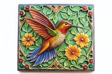 Obraz premium Vibrant Hummingbird Ceramic Tile Art: Realistic 3D Render of Ornate Bird Design, Isolated on White