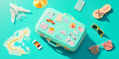 Ready for the Journey: A vibrant and inviting overhead shot of a suitcase, surrounded by travel-related items like a plane, map, sunglasses, and more.