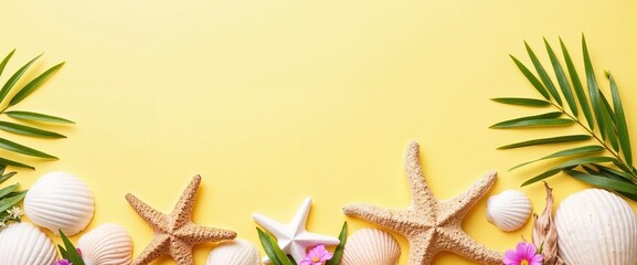 Bahamas Seasonal Transition: Tropical Beach Elements on Yellow Background for Summer Designs, Travel Blogs, and Vacation-themed Stationery