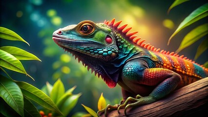 Obraz premium Vibrant Lizard on Tree Branch - Tropical Reptile Stock Photo