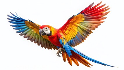 Fototapeta premium Vibrant Macaw in Flight: Stunning Aerial Photography of a Colorful Parrot Against a Pure White Background